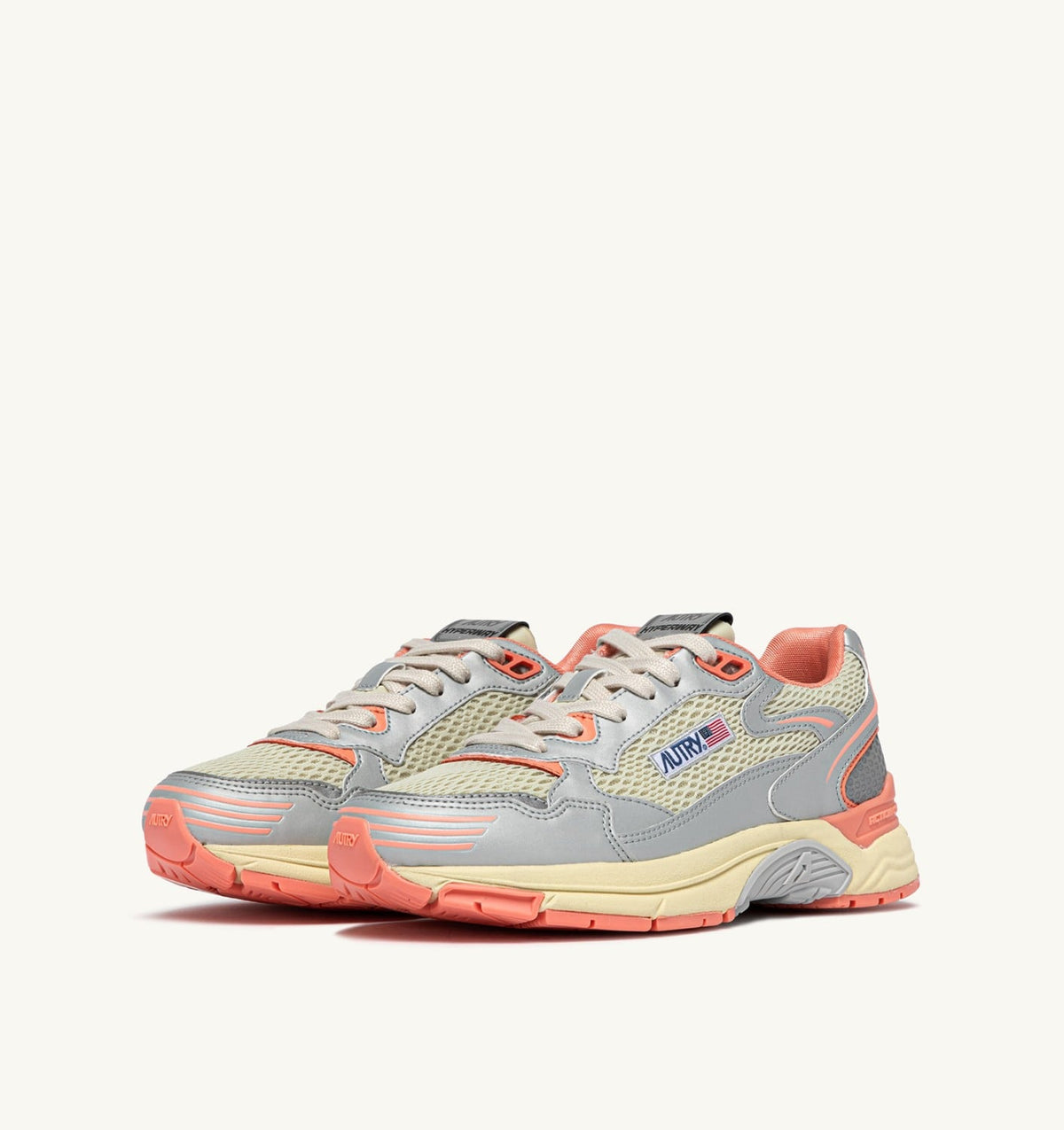 HYPERWAY SNEAKERS IN SILVER ASPARAGUS AND PEACH PINK SYNTHETIC LEATHER AND MESH - AUTRY Quality