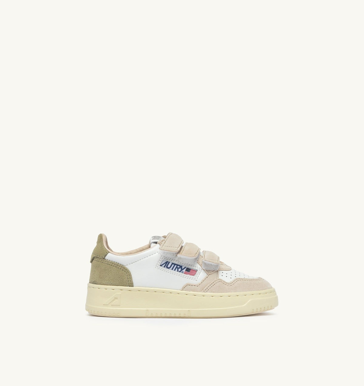 MEDALIST KIDSTRIPES SNEAKERS IN WHITE LEATHER AND GREEN AND SAND SUEDE - AUTRY Quality