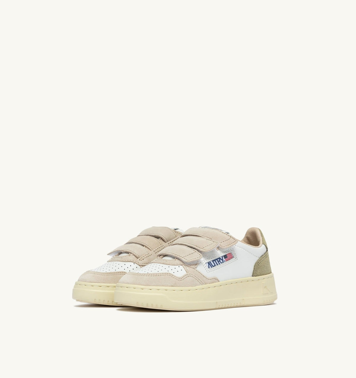 MEDALIST KIDSTRIPES SNEAKERS IN WHITE LEATHER AND GREEN AND SAND SUEDE - AUTRY Quality