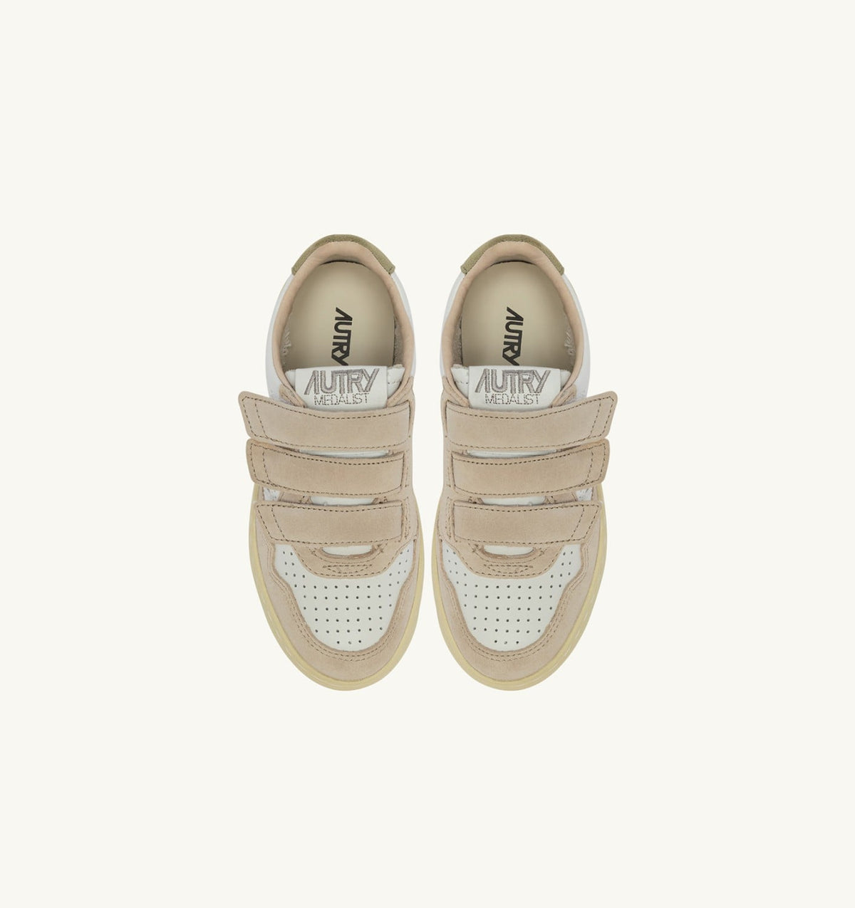 MEDALIST KIDSTRIPES SNEAKERS IN WHITE LEATHER AND GREEN AND SAND SUEDE - AUTRY Quality