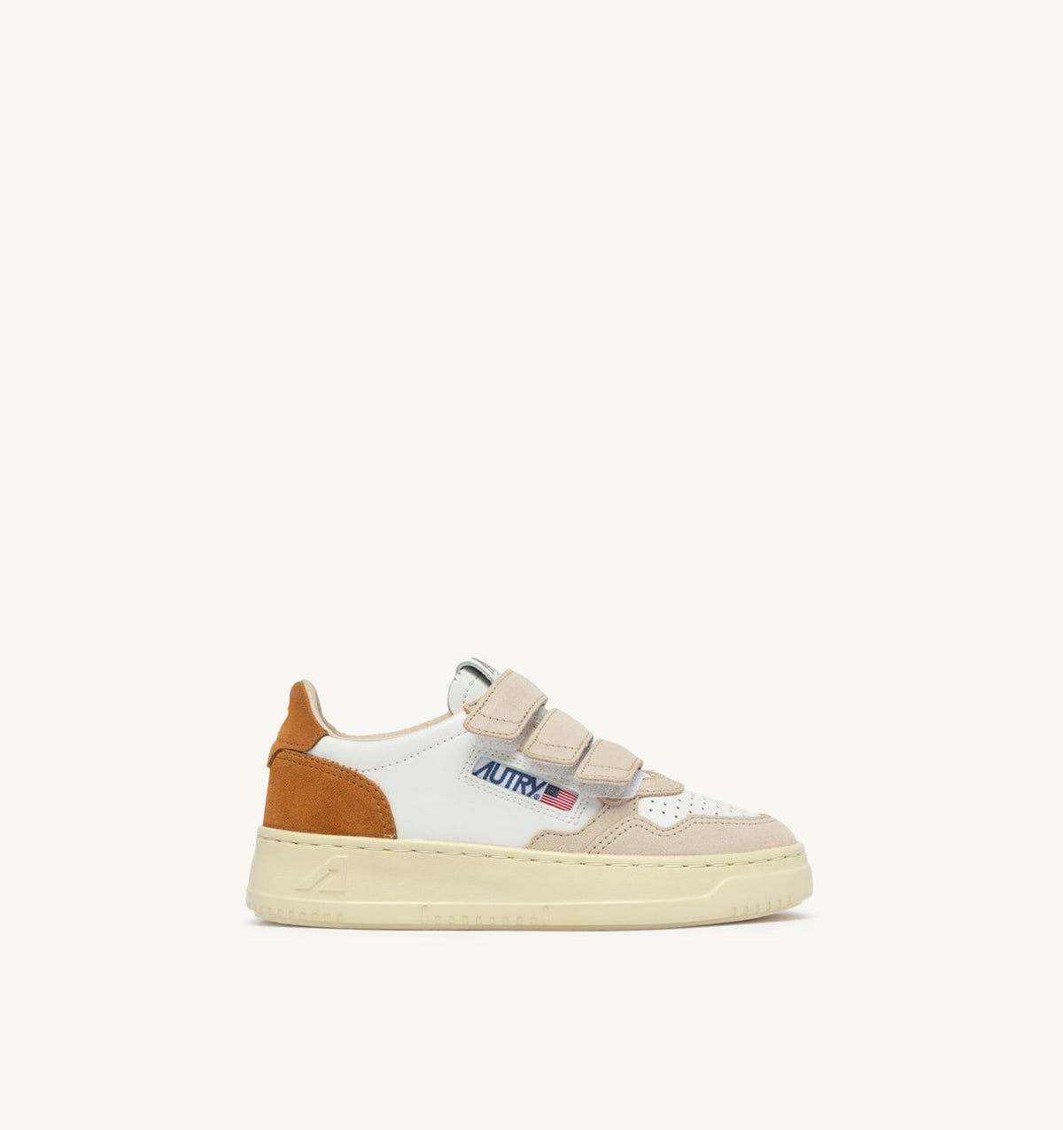 MEDALIST KIDSTRIPES SNEAKERS IN WHITE LEATHER AND BROWN MUSCAT AND SAND SUEDE - AUTRY Classic