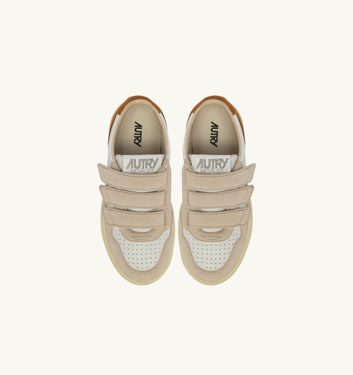 MEDALIST KIDSTRIPES SNEAKERS IN WHITE LEATHER AND BROWN MUSCAT AND SAND SUEDE - AUTRY Classic