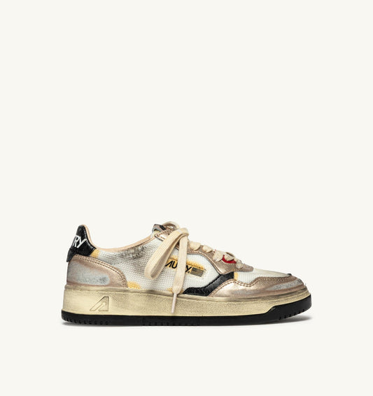 MEDALIST LOW SUPER VINTAGE SNEAKERS IN WHITE MESH, GOLD SUEDE AND BLACK LEATHER - AUTRY Latest