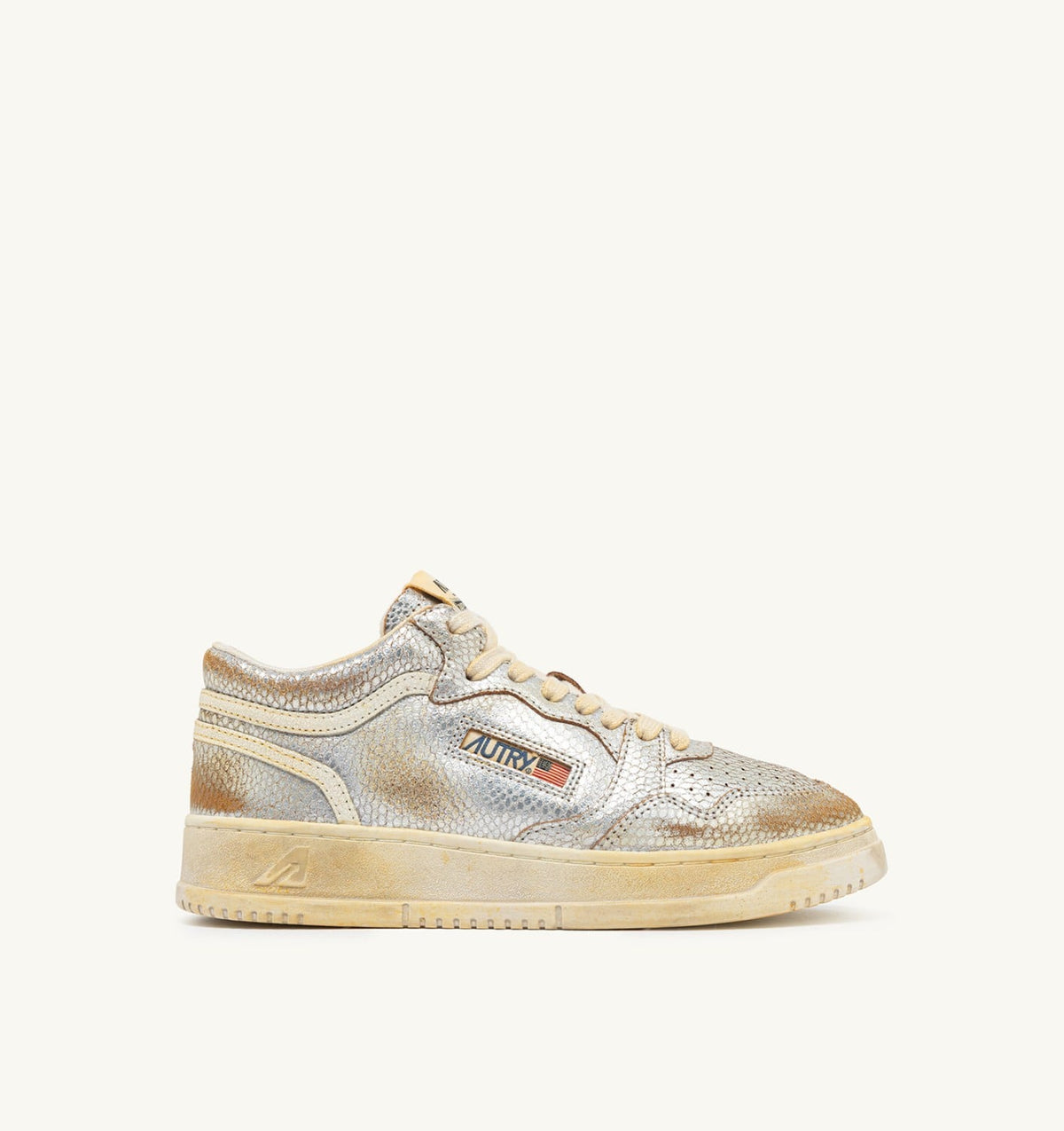 MED-WAY SUPER VINTAGE SNEAKERS IN SILVER AND MARSHMALLOW SNAKE-PRINT LEATHER - AUTRY Essential
