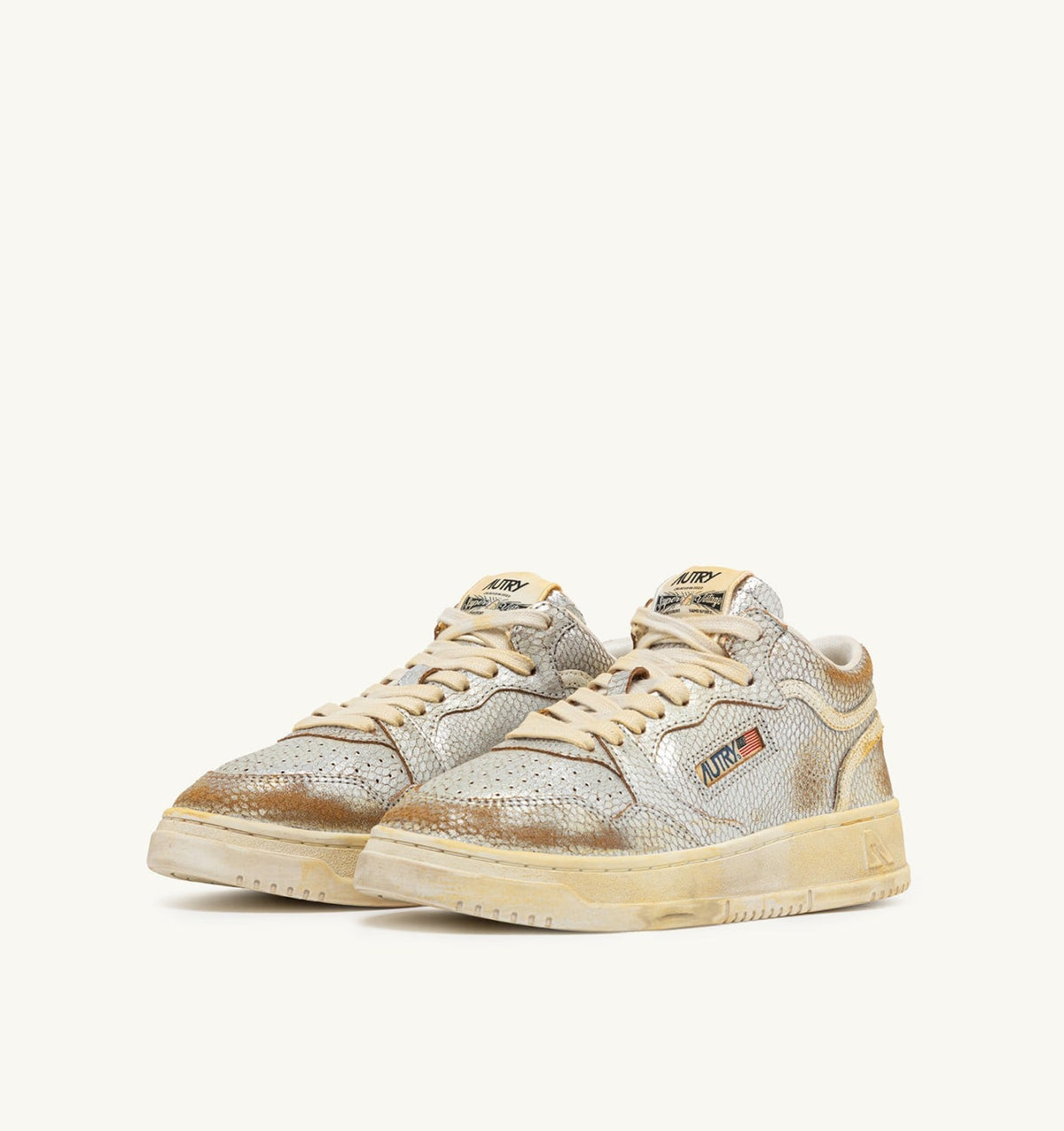 MED-WAY SUPER VINTAGE SNEAKERS IN SILVER AND MARSHMALLOW SNAKE-PRINT LEATHER - AUTRY Essential