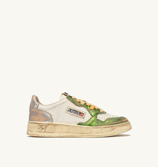 MEDALIST LOW SUPER VINTAGE SNEAKERS IN GUN AND GREEN LEATHER - AUTRY Quality