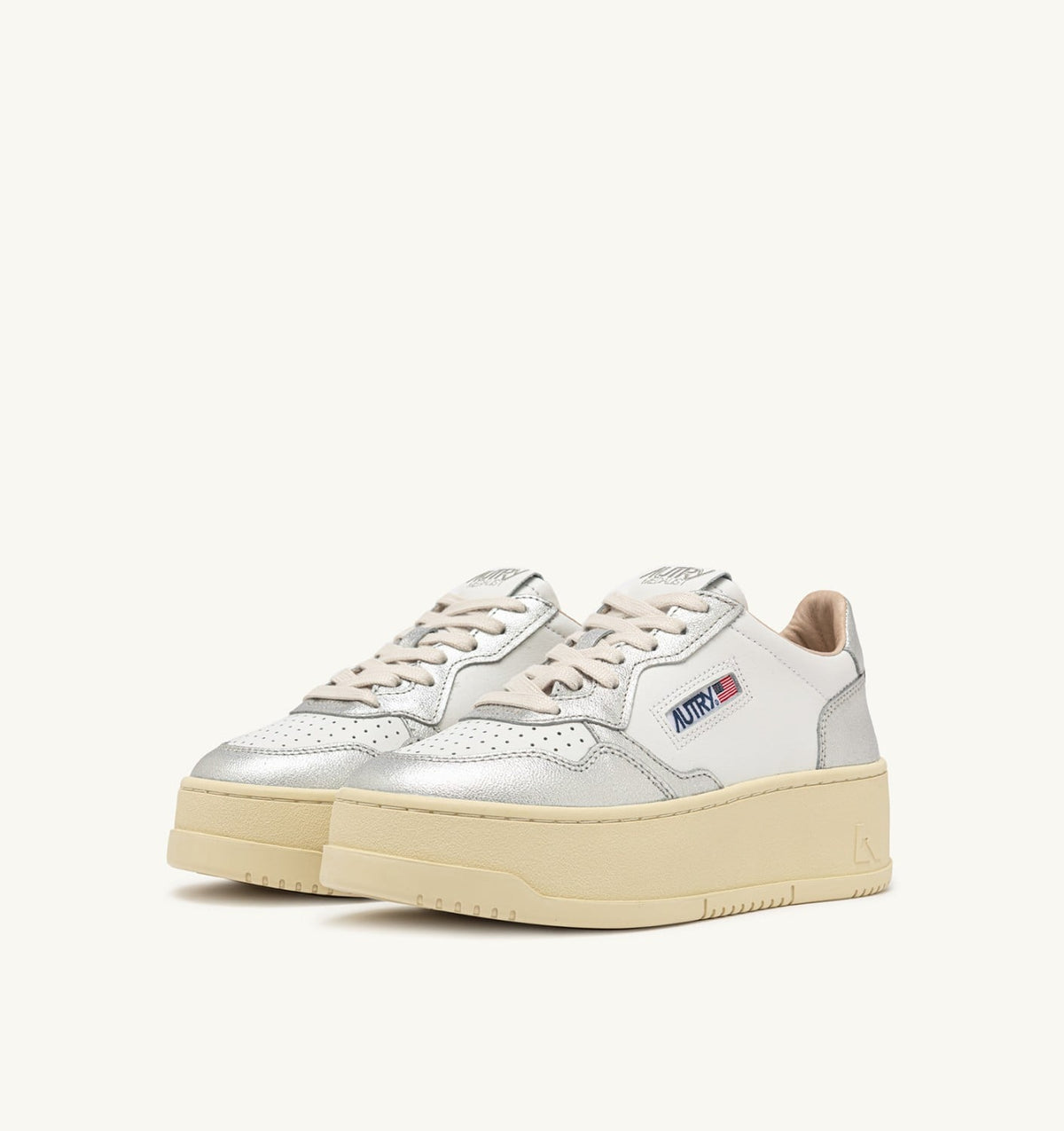 MEDALIST PLATFORM SNEAKERS IN WHITE AND METALIZED SILVER LEATHER - AUTRY Great Value